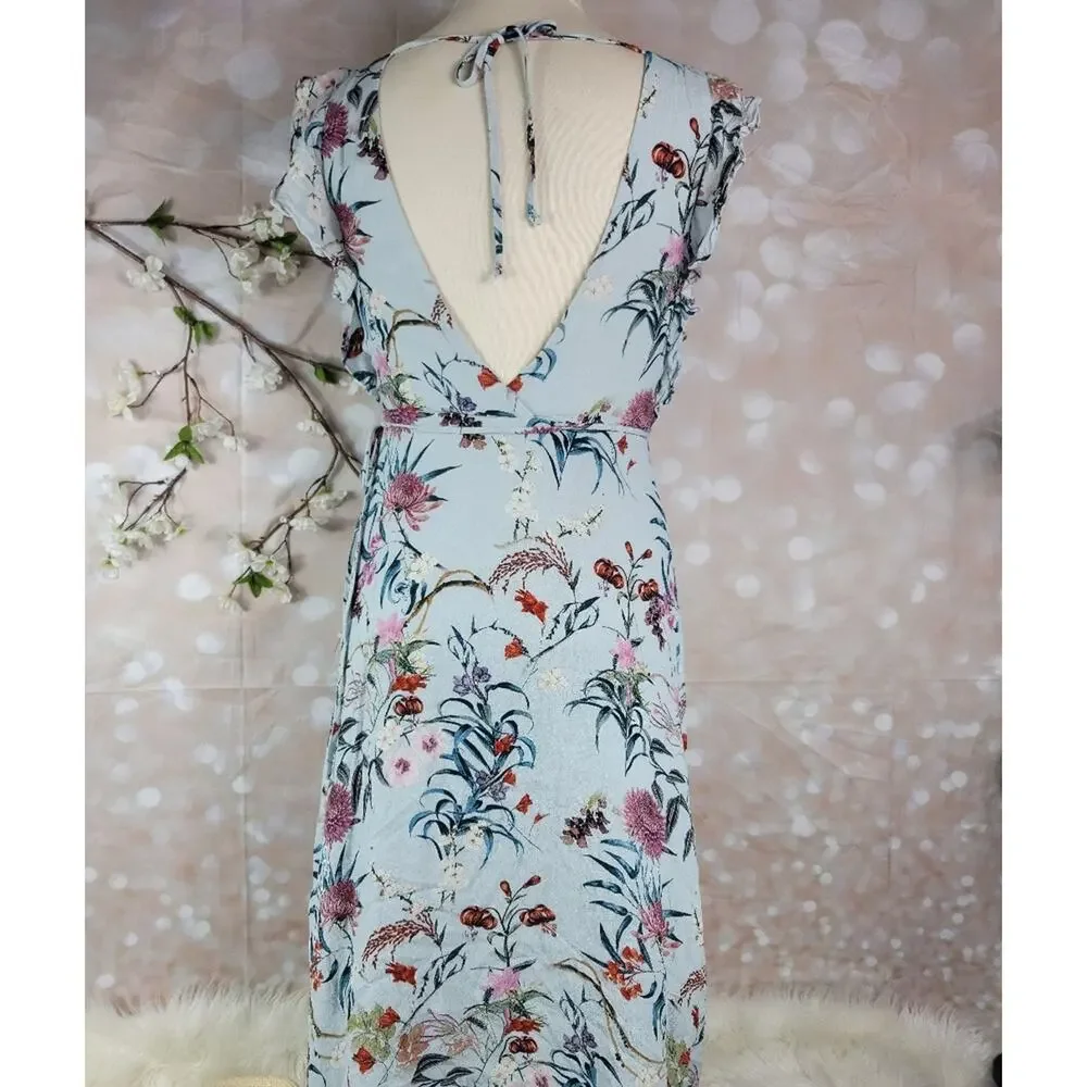 WILLOW & CLAY Blue Granny Floral Print Wrap Midi Dress Ruffle Sleeve Boho Chic